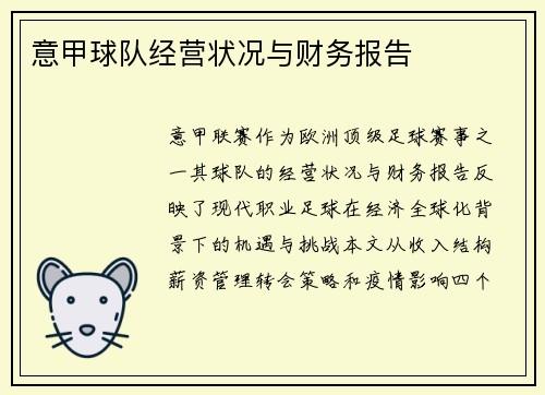 意甲球队经营状况与财务报告